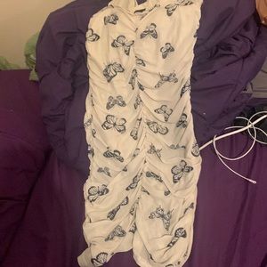 SHEIN BAE Butterfly Print Tie Shoulder
Ruched Bodycon Dress